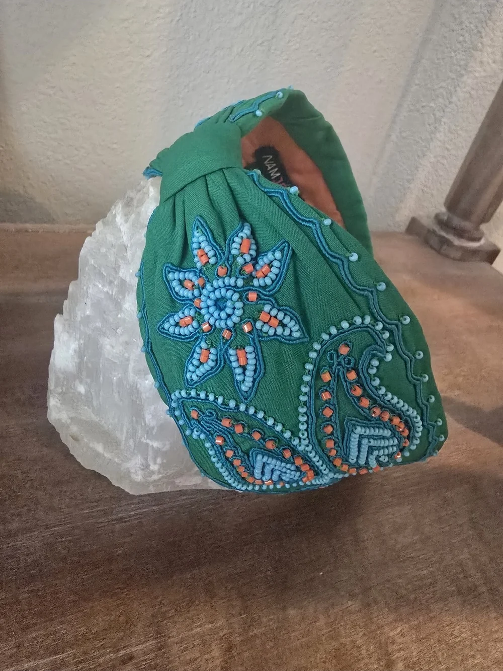 Green Beaded Embroidered Padded Headband by AAMJDOSH